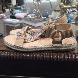Frye Multicolor Woven Strap Tan Leather Espadrille Sandals